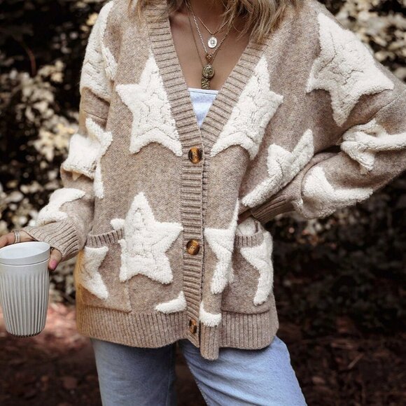 Khaki Casual Women's Cute And Star Pattern Loose Fit Cardigan - Picture 5 of 8